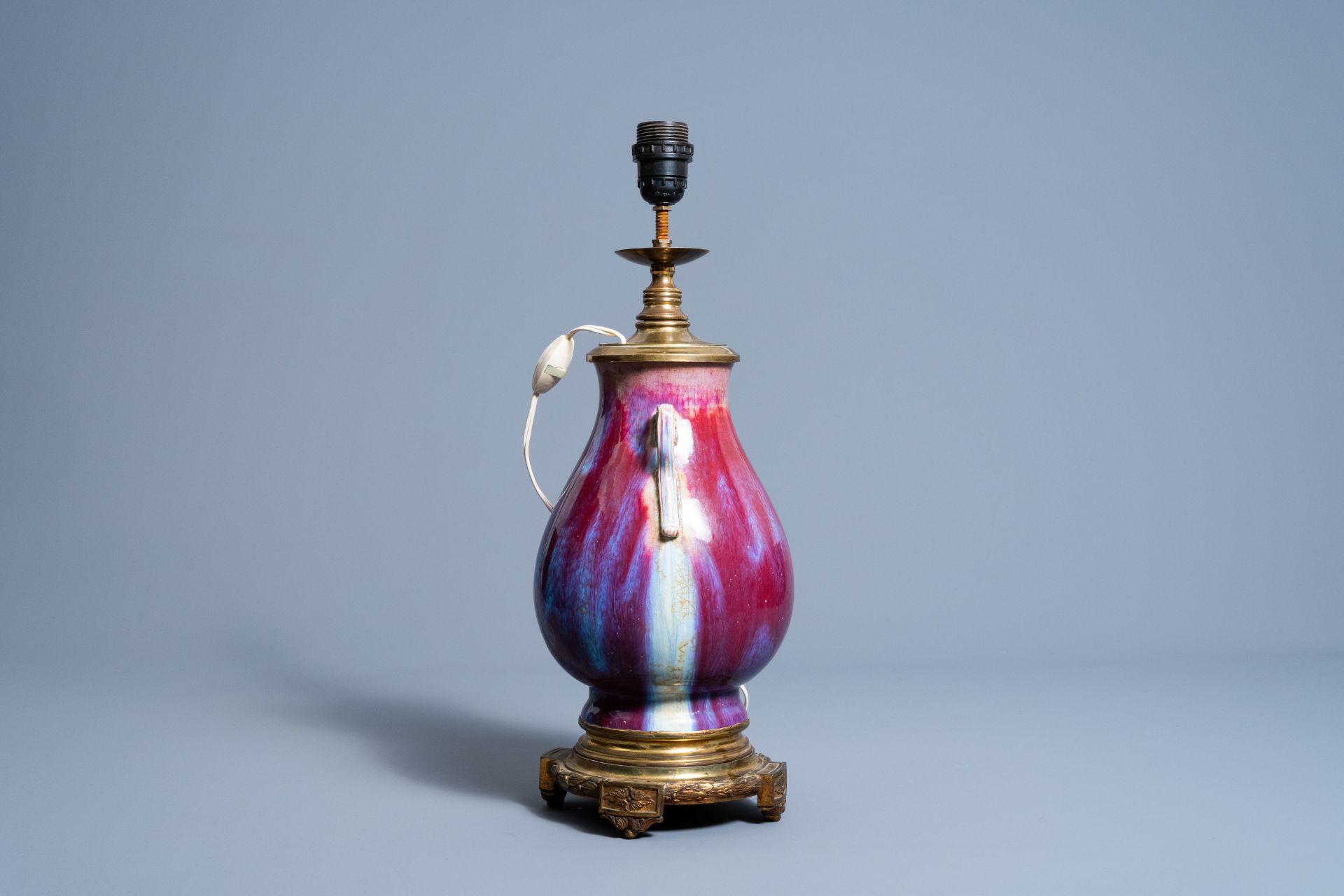 A Chinese flambŽ glazed 'hu' vase mounted as a lamp, Qianlong mark, 19th/20th C. - Image 4 of 6