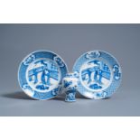 A pair of Chinese blue and white plates with ladies in a garden and a vase with floral design, Kangx