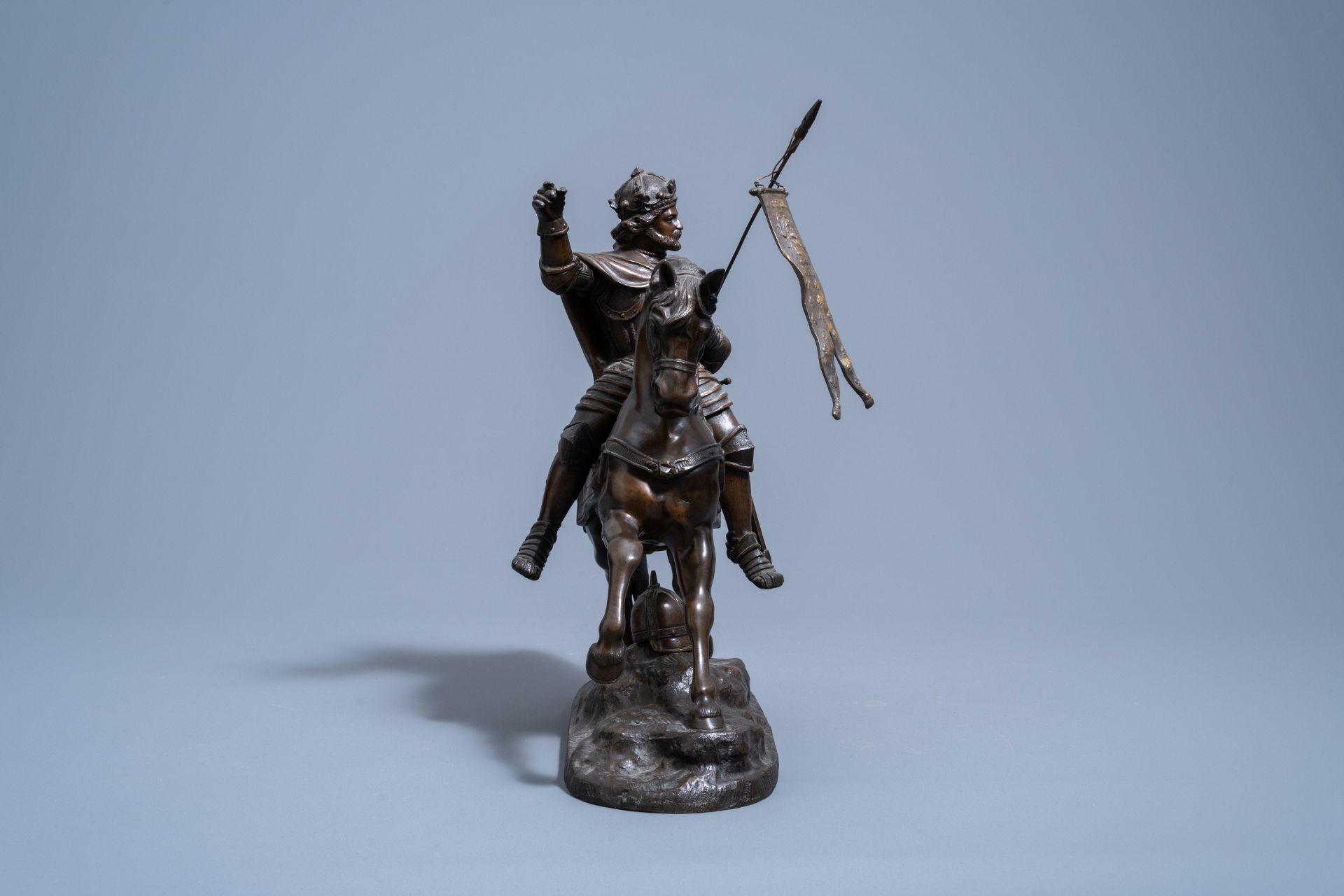 French school: Crusader on horseback, most probably Godfrey of Bouillon, brown patinated bronze on a - Image 5 of 9