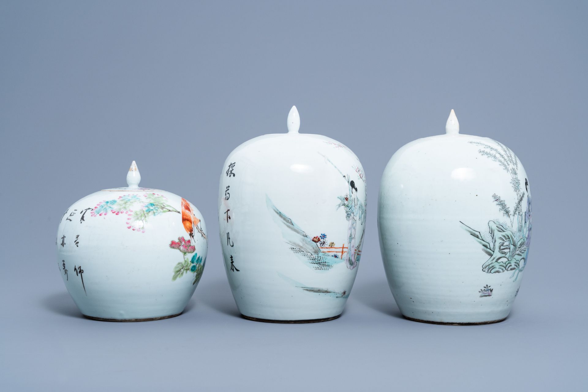 Three Chinese qianjiang cai jars and covers with ladies in a garden and a bird among blossoming bran - Image 5 of 7