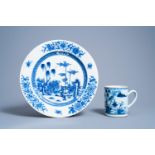 A Chinese blue and white soft paste charger with floral design and a 'landscape' mug, Qianlong