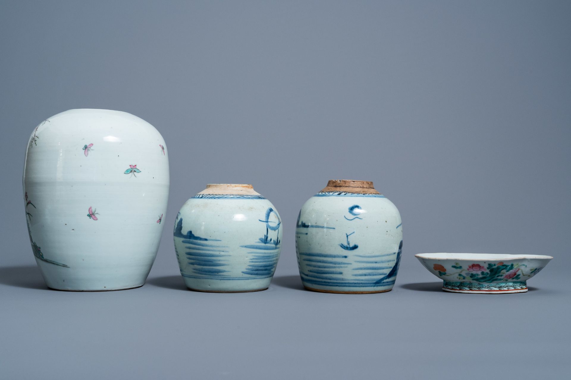 Two Chinese blue and white jars with landscapes, a famille rose ginger jar and a lobed bowl with flo - Image 4 of 7