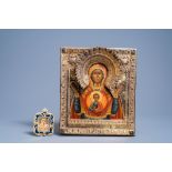 A Russian 'Mother of God of the Sign' icon with gilt silver oklad or riza, 19th C.