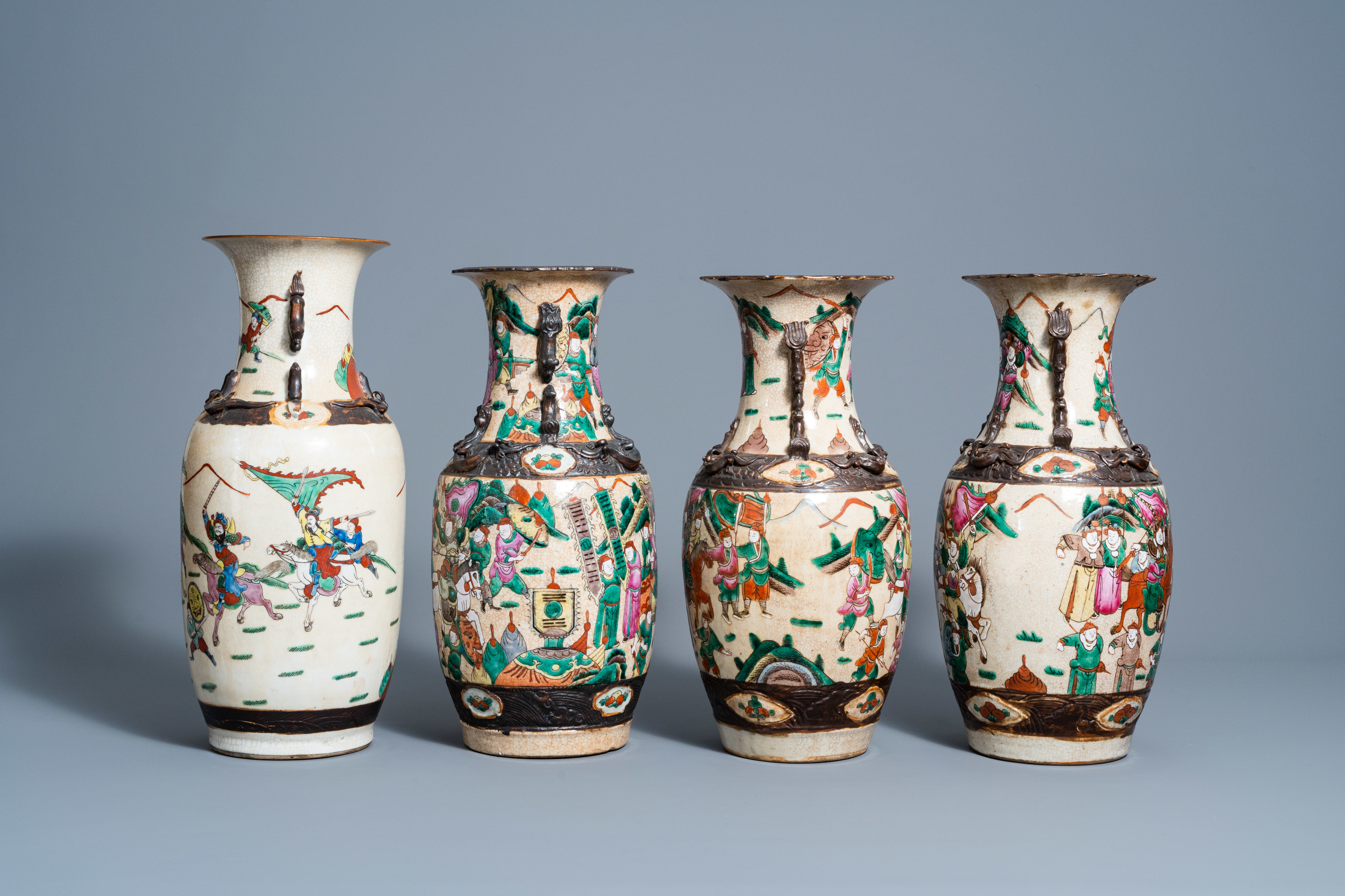 A varied collection of eight Chinese Nanking crackle glazed famille rose and verte vases with warrio - Image 3 of 13