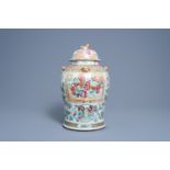 A Chinese Canton famille rose vase and cover with palace scenes, 19th C.