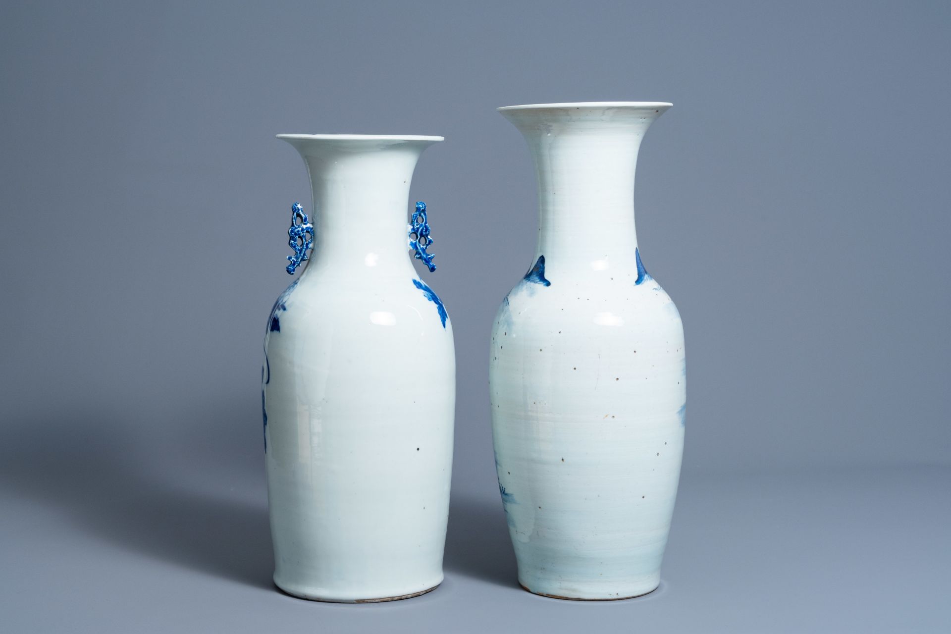 Two Chinese blue and white vases with a phoenix among blossoming branches and an animated landscape, - Image 4 of 7