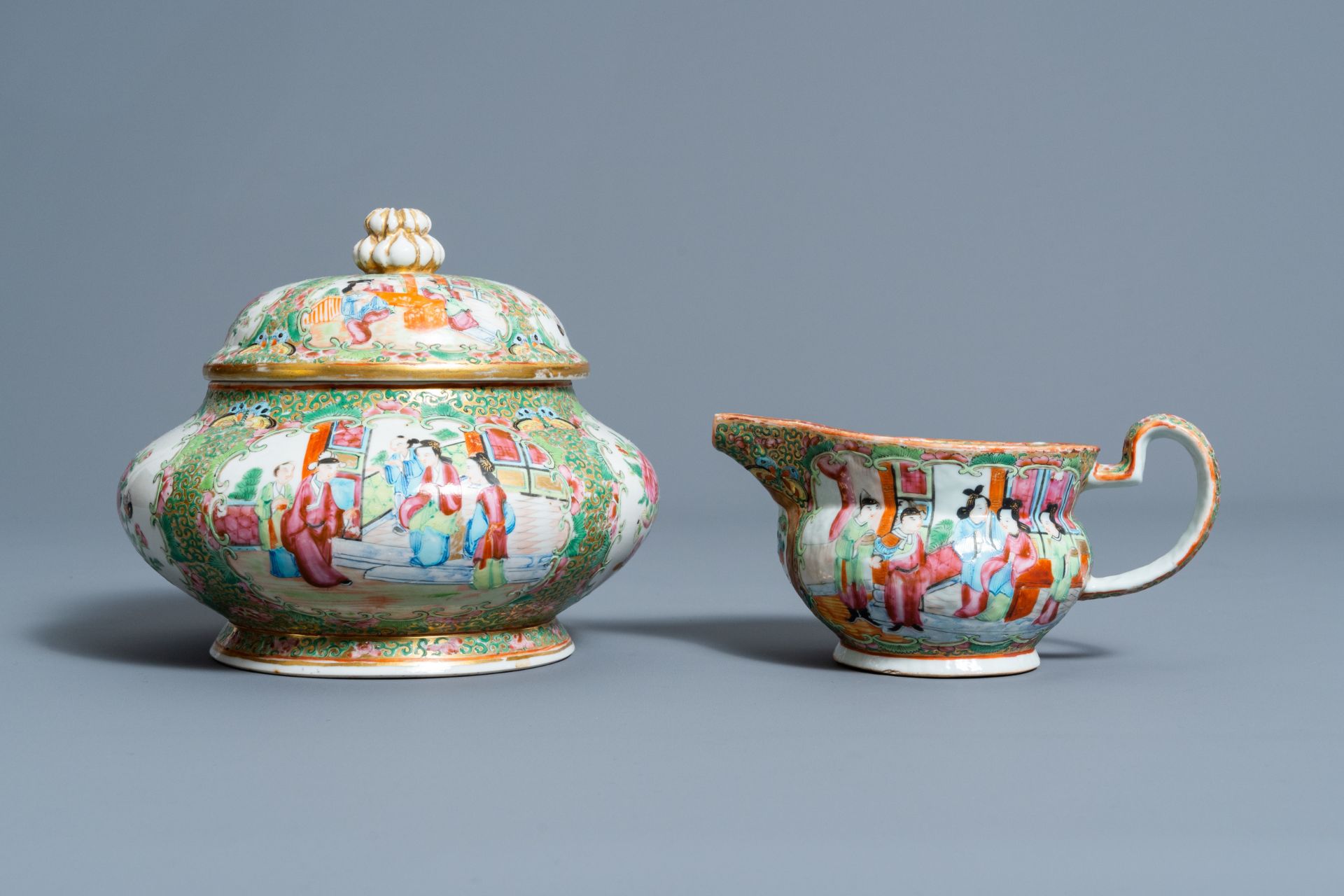 Six Chinese Canton famille rose vases, a jar and cover and a cream jug, 19th C. - Image 8 of 13