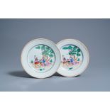 A pair of Chinese famille rose export porcelain 'Cherry Pickers' plates, Qianlong