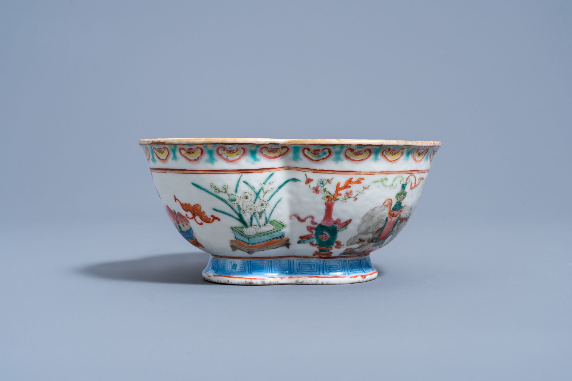 A three-lobed Chinese famille rose 'antiquities' bowl, Daoguang mark and of the period - Image 6 of 8