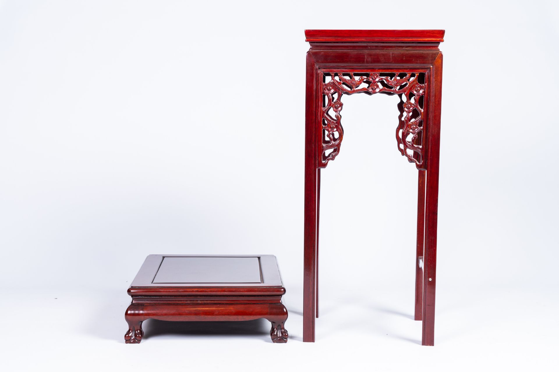 Three Chinese wood display stands and tables, 20th C. - Image 12 of 14