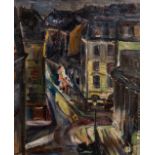 Belgian school, monogrammed A.M. (?), in the manner of Frans Masereel (1889-1972): Cityscape, oil on