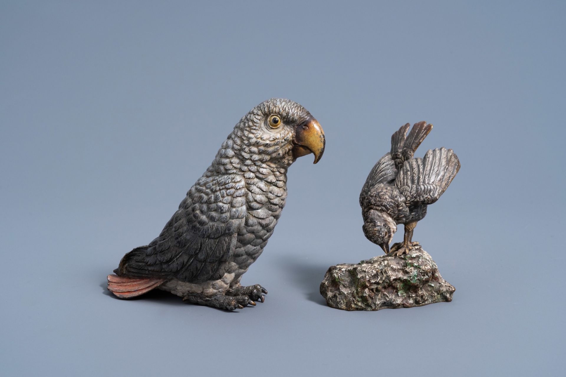 A Viennese polychrome cold painted bronze figure of an African grey parrot and a bird on a rock, 19t