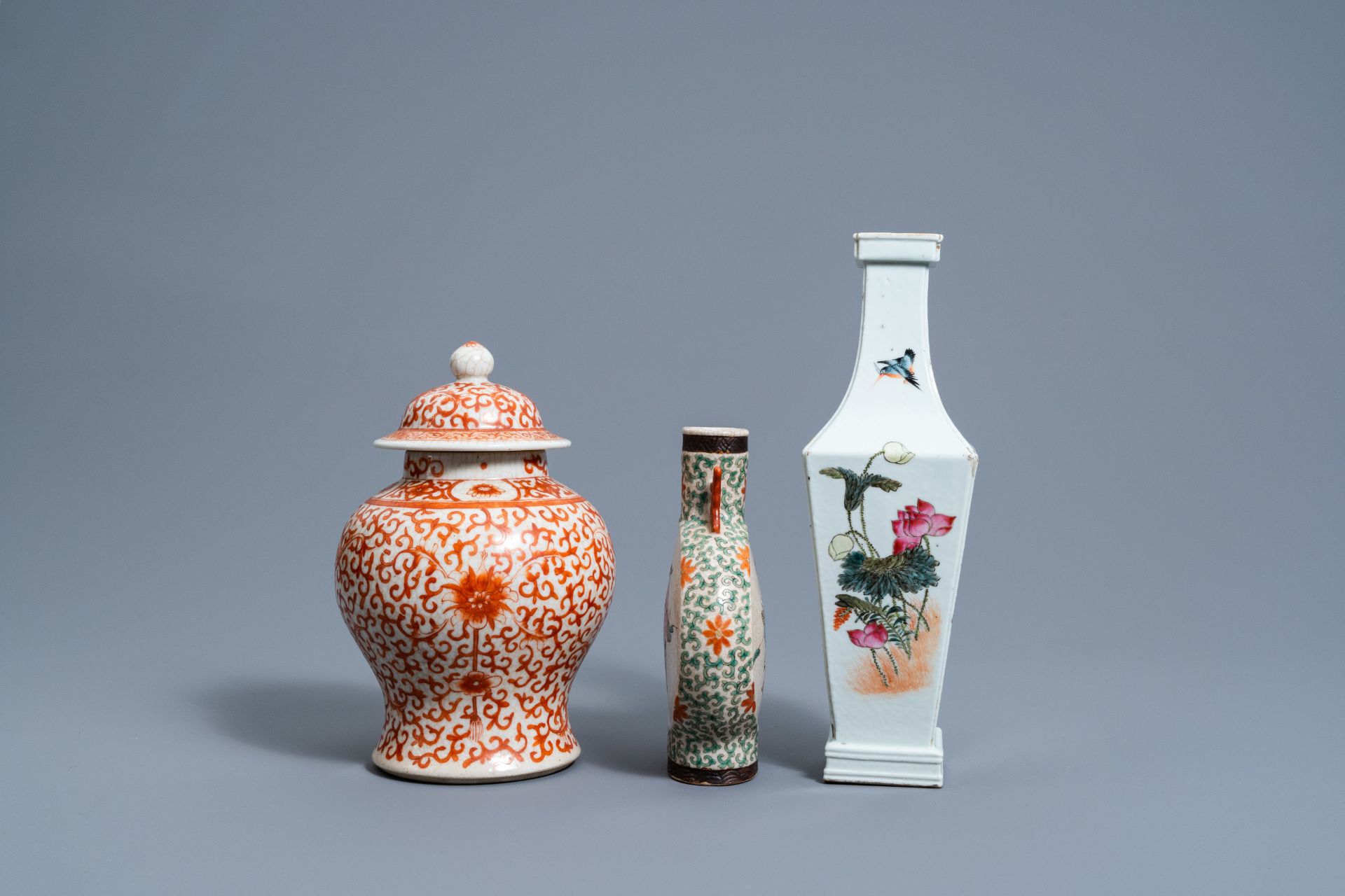 A Chinese square famille rose vase, an iron-red vase and cover and a Nanking crackle glazed famille - Image 3 of 7