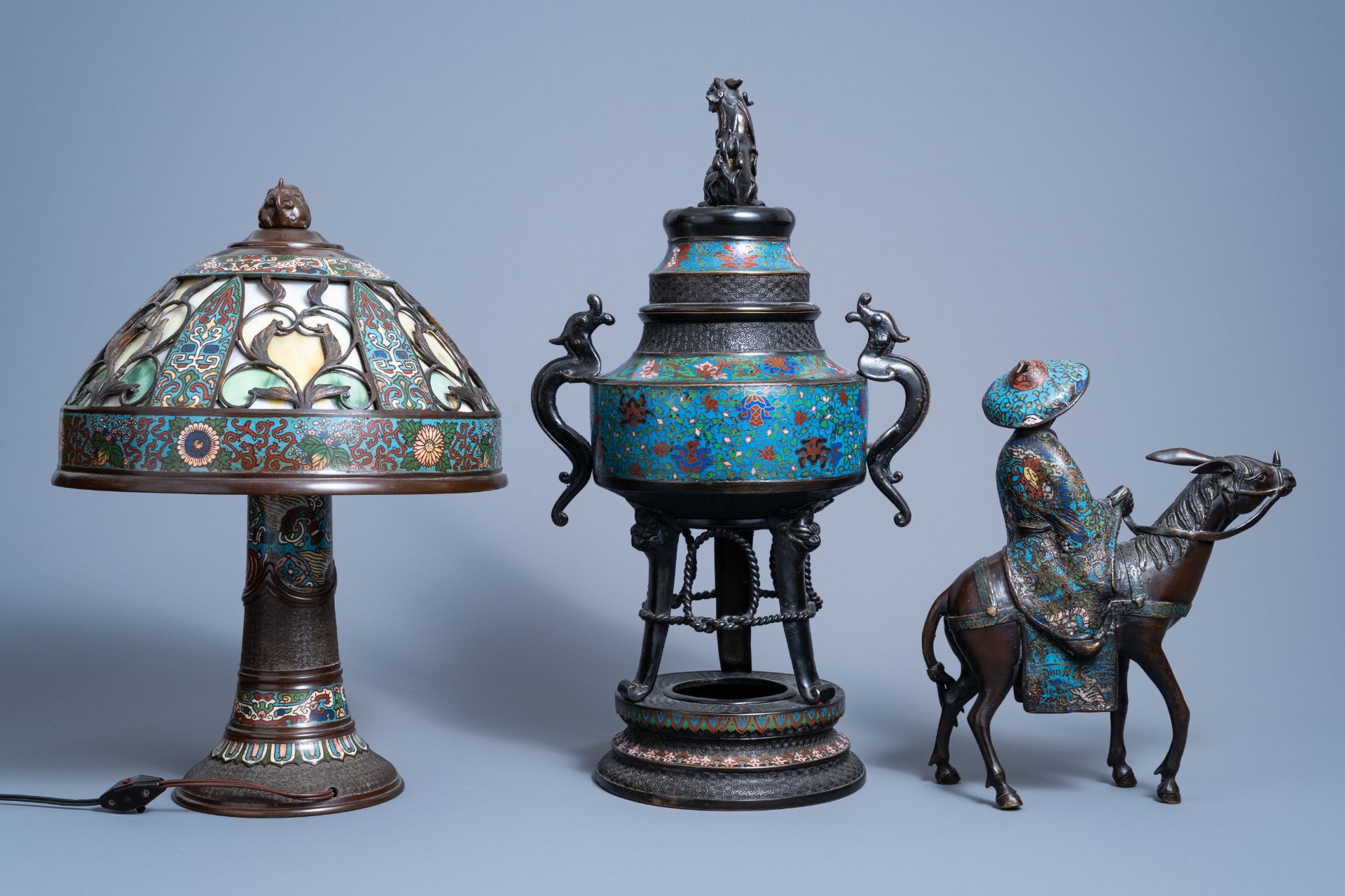 A Japanese champlevŽ enamel and bronze incense burner, a group with Toba on his mule and a table lam - Image 4 of 12