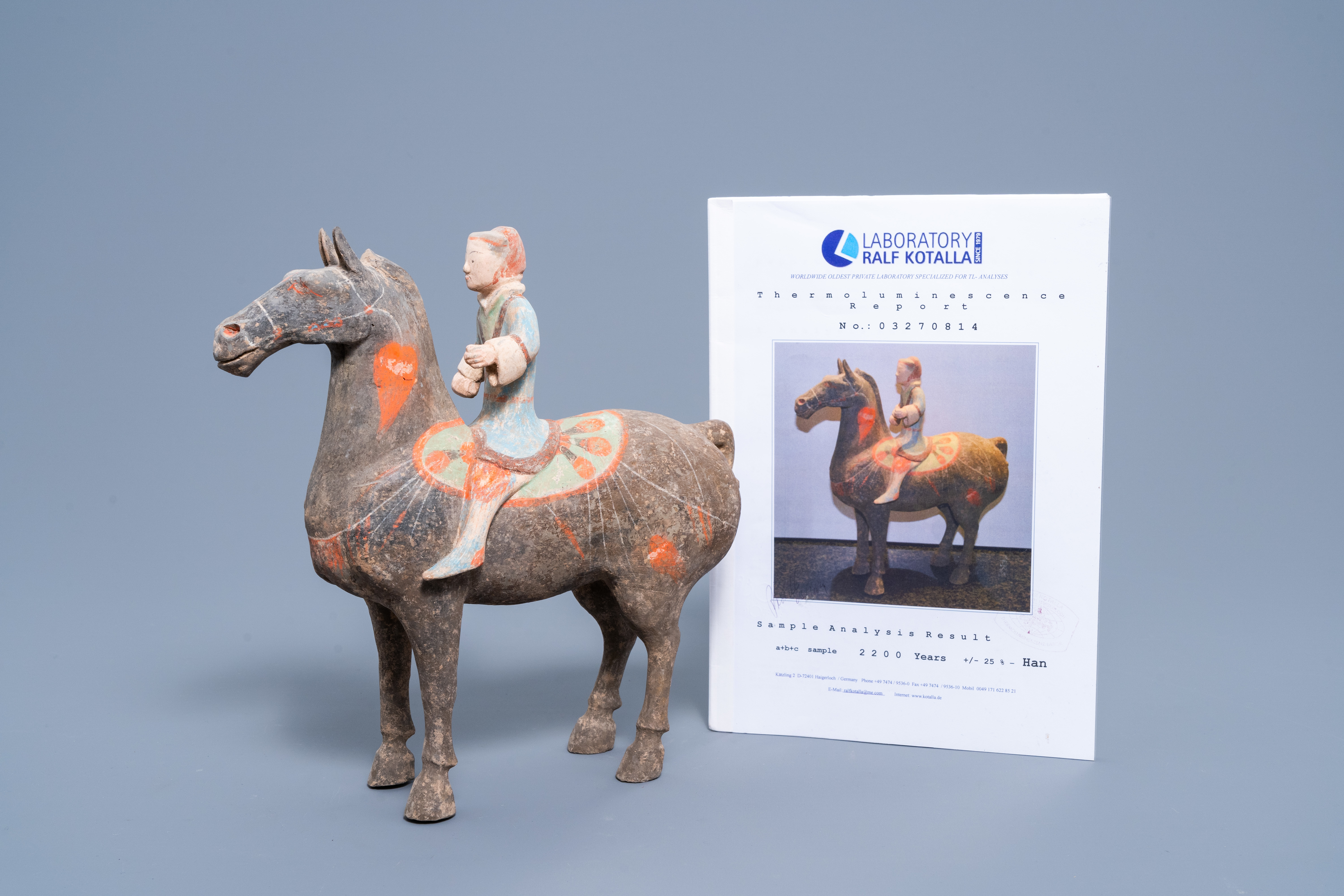 A Chinese polychrome painted pottery equestrian figure, Han - Image 2 of 10