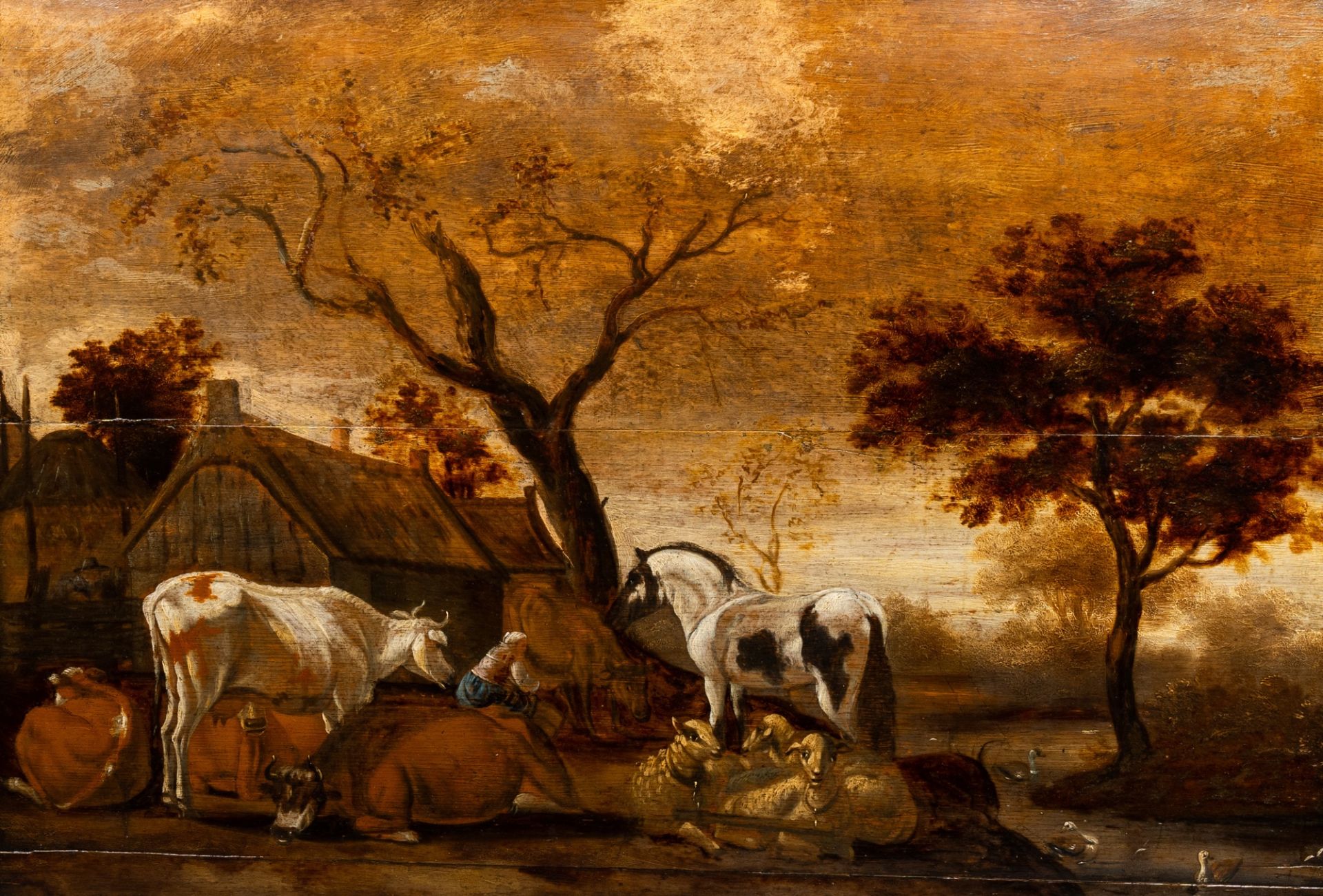 Dutch school: Taking care of the livestock, oil on panel, 17th C.