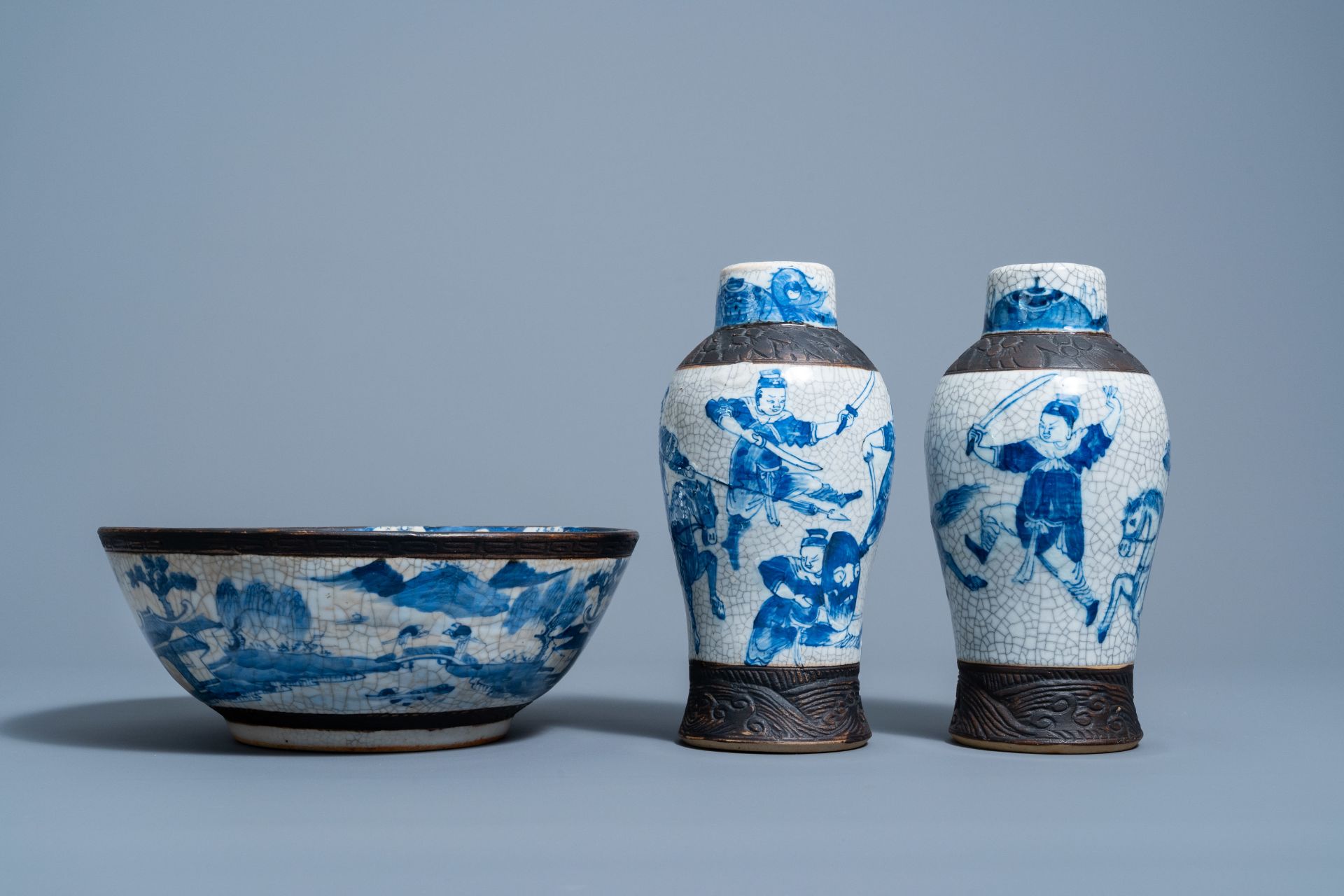 Two Chinese Nanking crackle glazed blue and white 'warrior' vases and a 'landscape' bowl, 19th/20th - Image 3 of 7