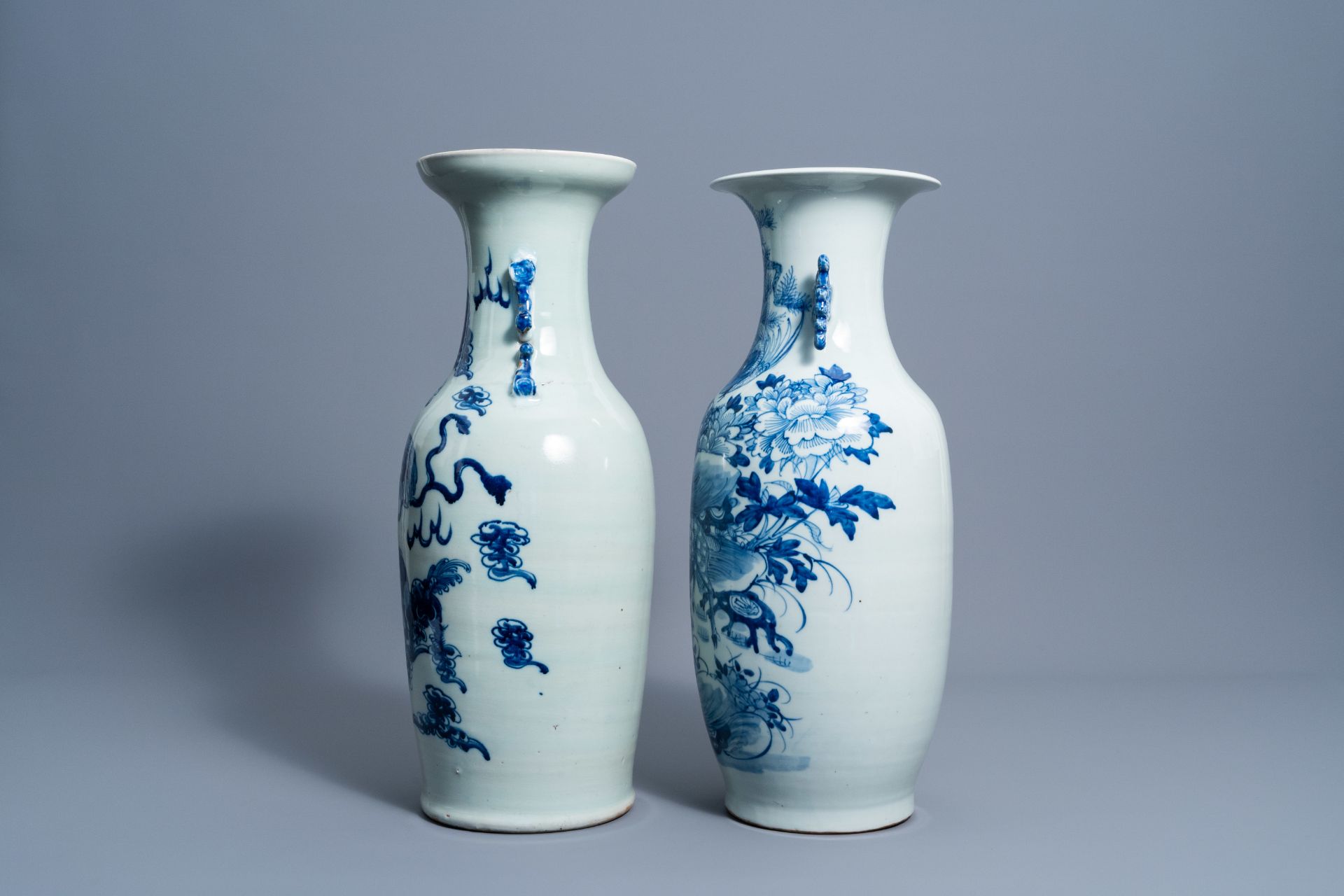 Two Chinese blue and white celadon ground vases with Buddhist lions, a deer and a crane, 19th C. - Image 2 of 6