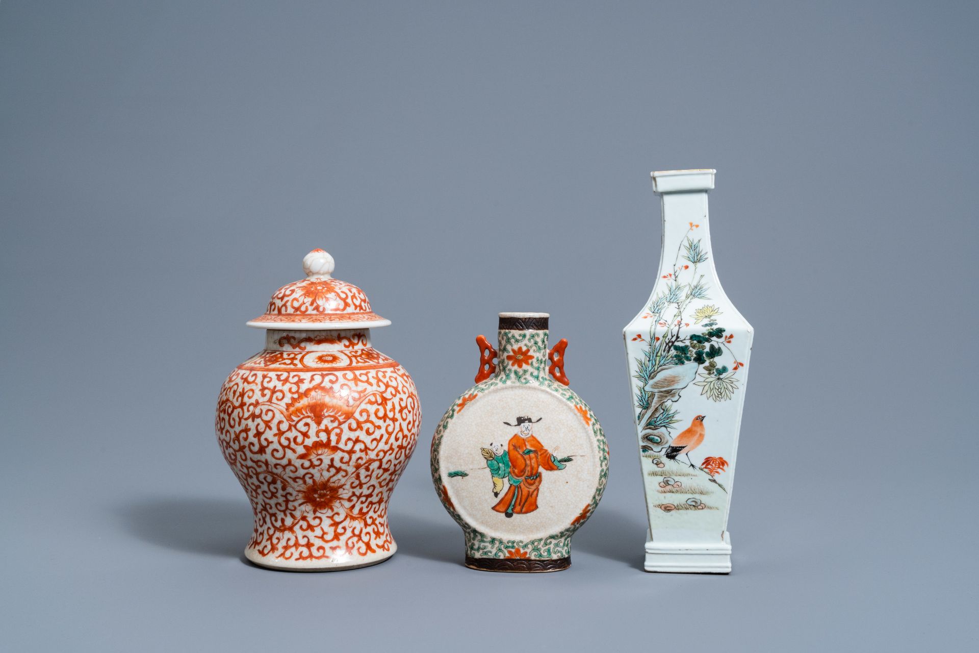 A Chinese square famille rose vase, an iron-red vase and cover and a Nanking crackle glazed famille - Image 2 of 7