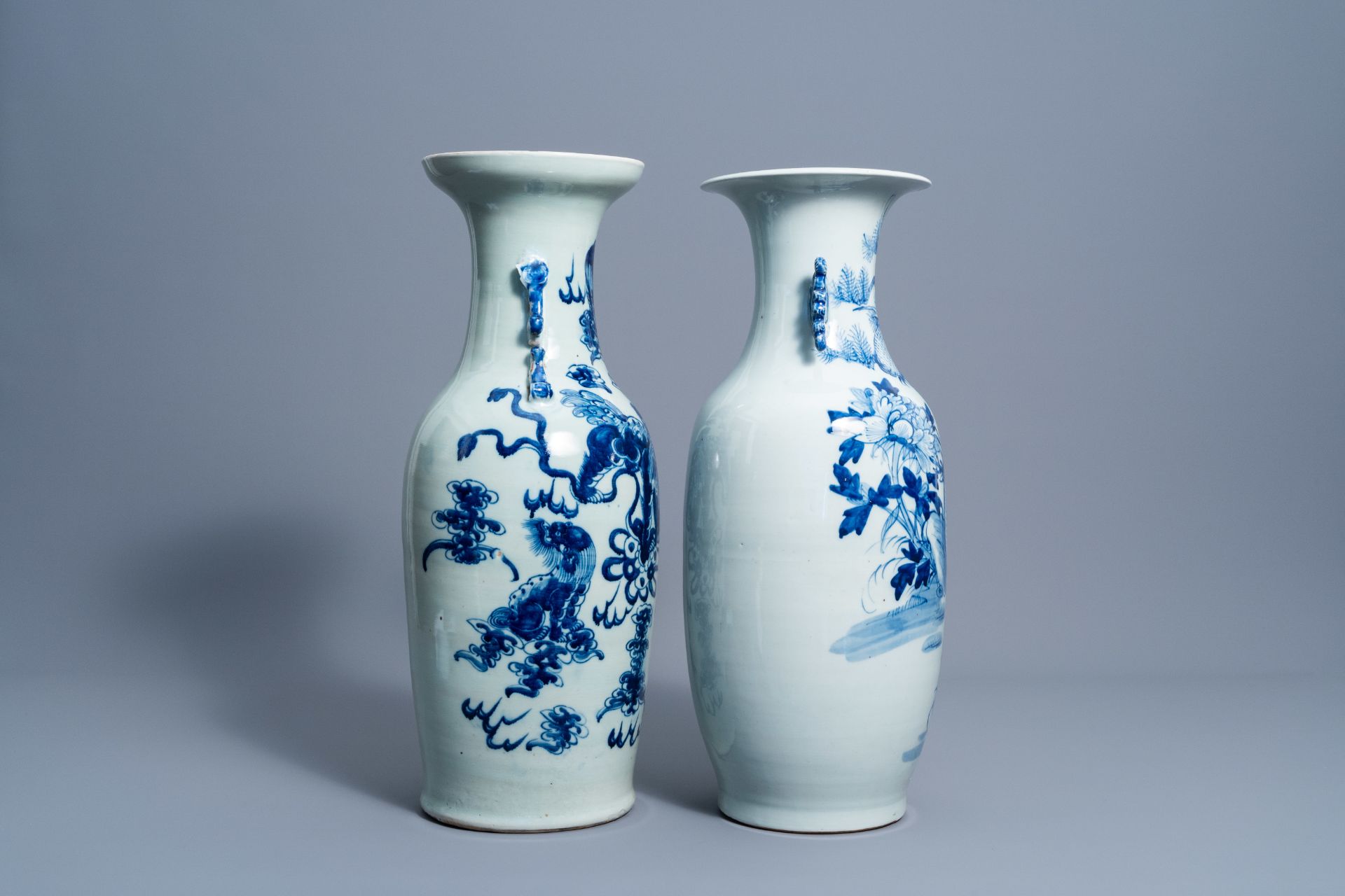 Two Chinese blue and white celadon ground vases with Buddhist lions, a deer and a crane, 19th C. - Image 4 of 6