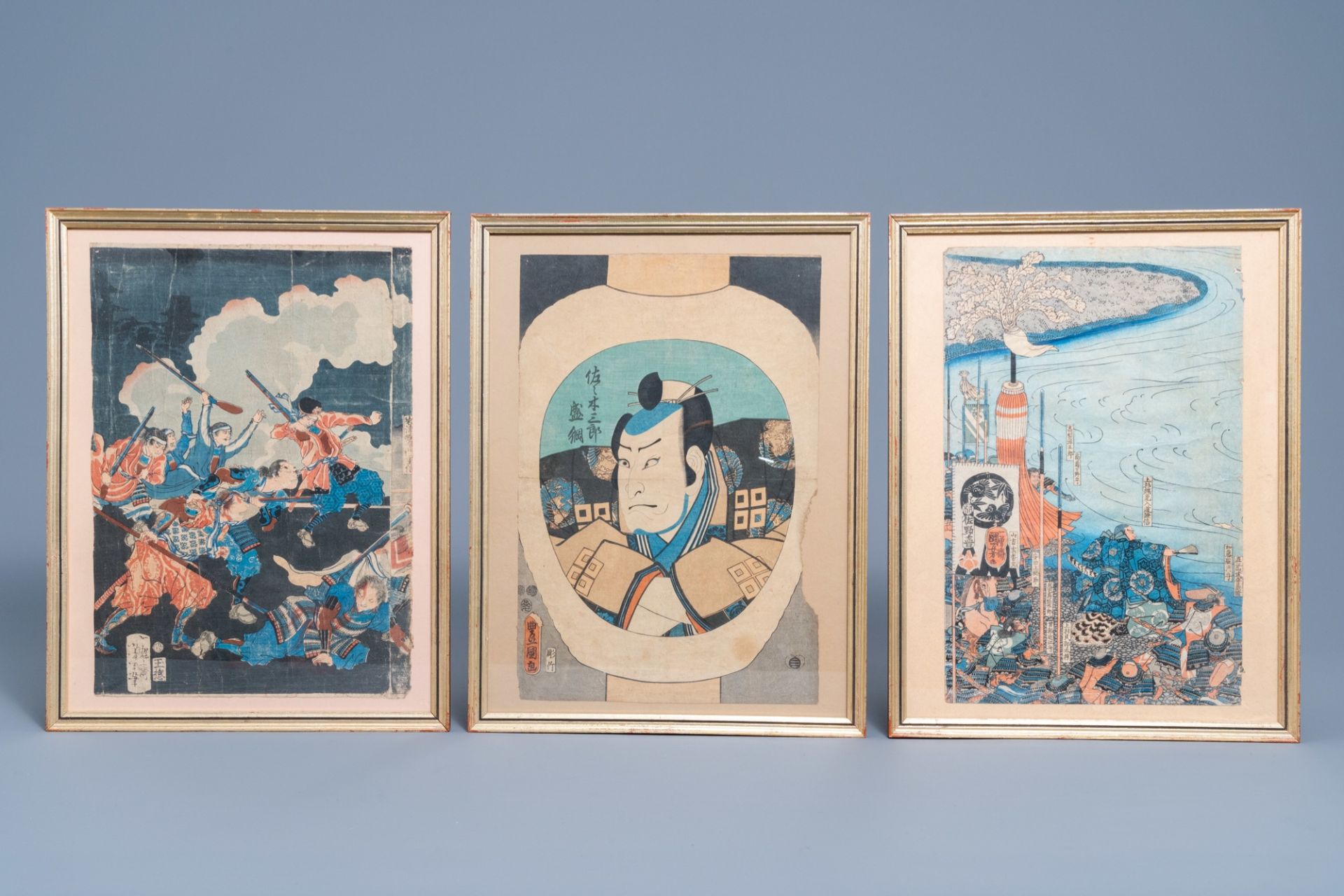 Three various Japanese Ukiyo-e woodblock prints (Yoshitoshi, Toyokuni and Kuniyoshi), 19th C.