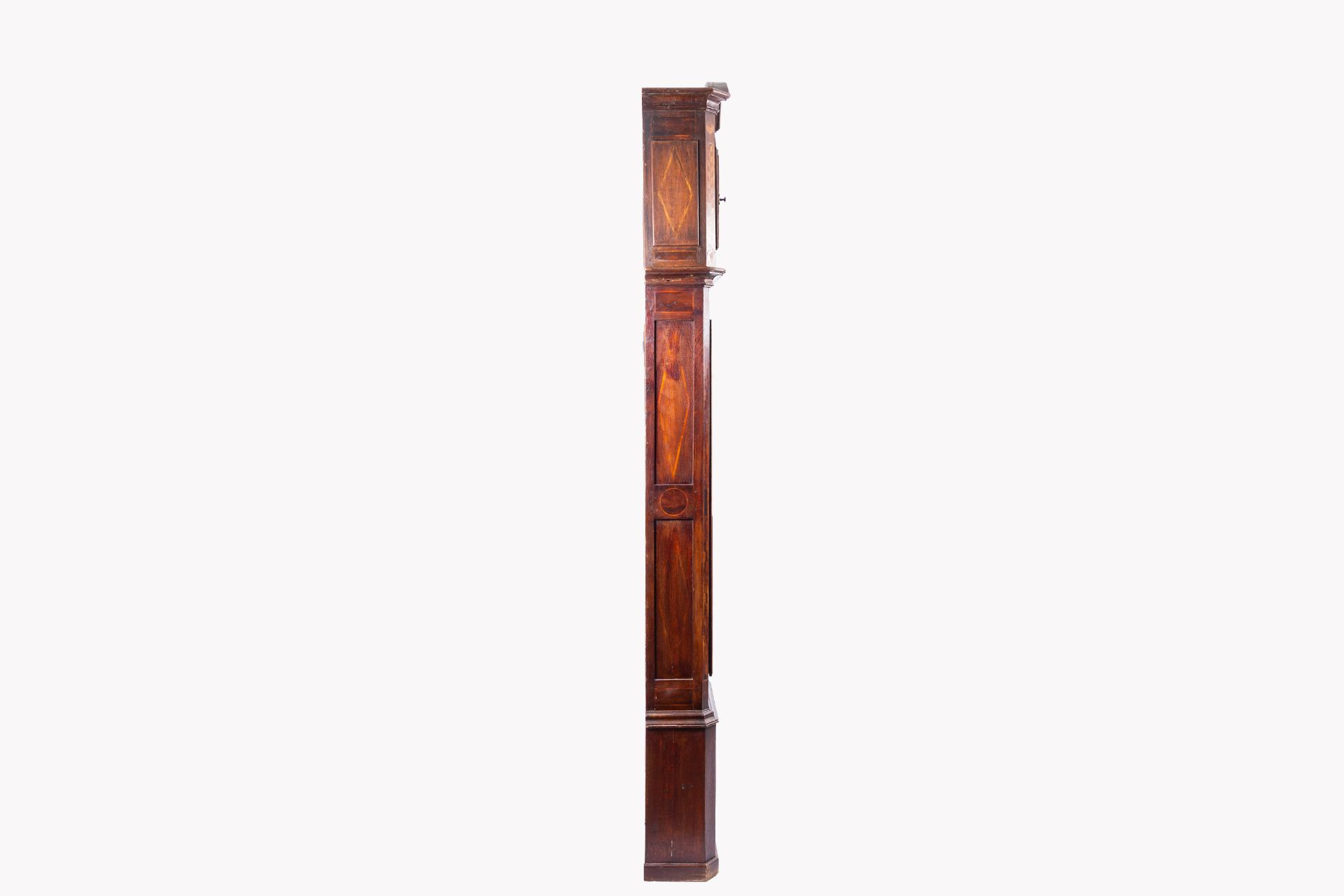 A large French wood longcase clock with various wood inlays, 19th C. - Image 7 of 11