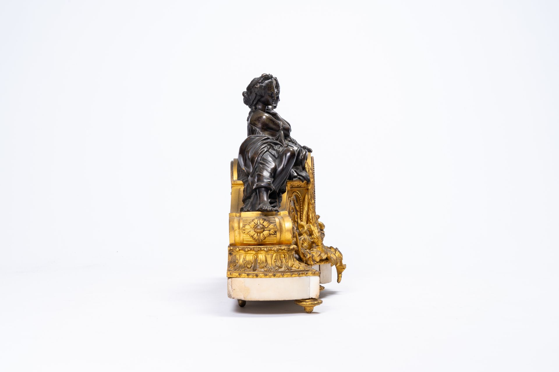 A French gilt and patinated bronze and white marble mantel clock with the sources of life, 19th C. - Image 6 of 13