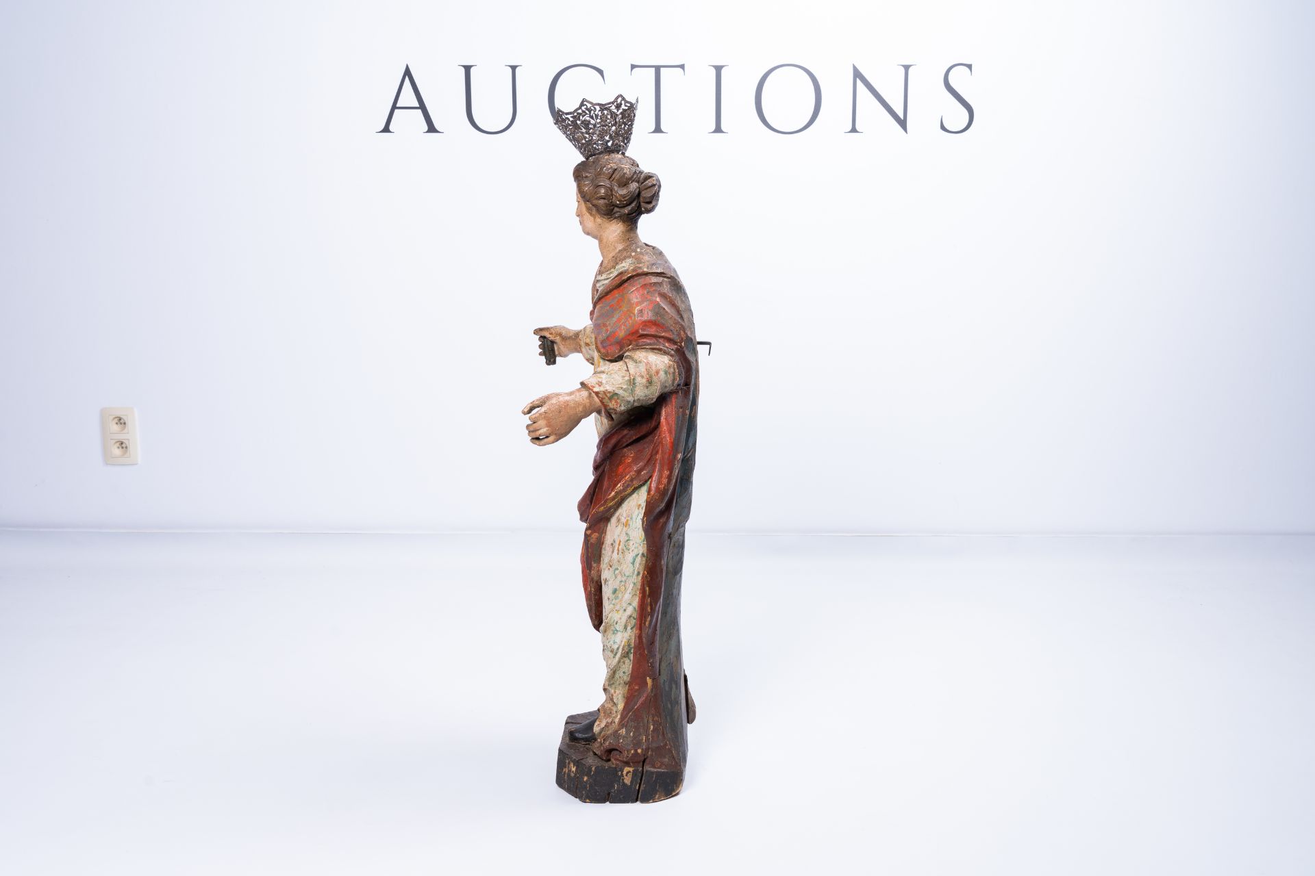 A large Southern European polychrome painted wood figure of Saint Catherine of Alexandria, 18th C. - Image 3 of 8