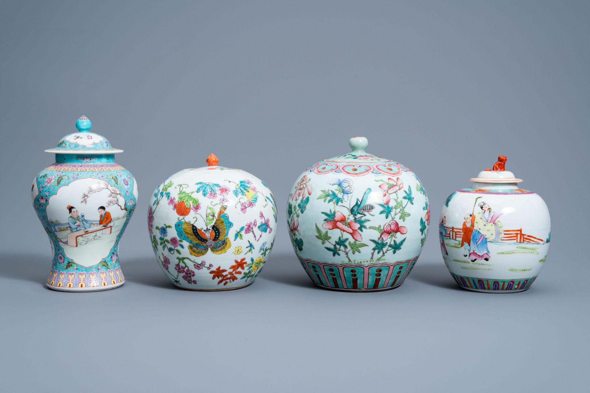 Four various Chinese famille rose jars and vases and covers with insects among blossoming branches a - Image 4 of 9