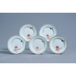 Five Chinese famille rose saucer plates with floral design, Qianlong