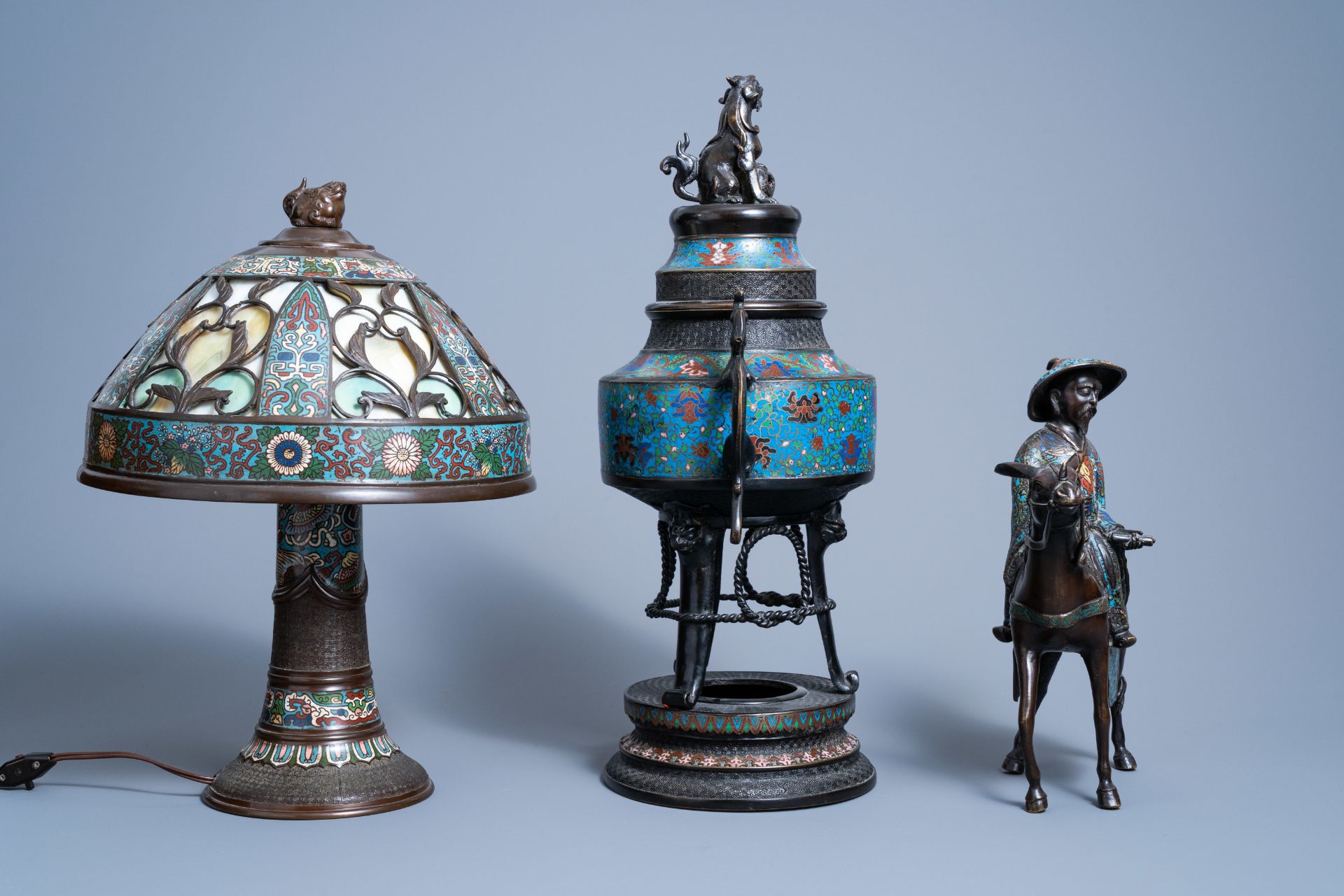 A Japanese champlevŽ enamel and bronze incense burner, a group with Toba on his mule and a table lam - Image 5 of 12