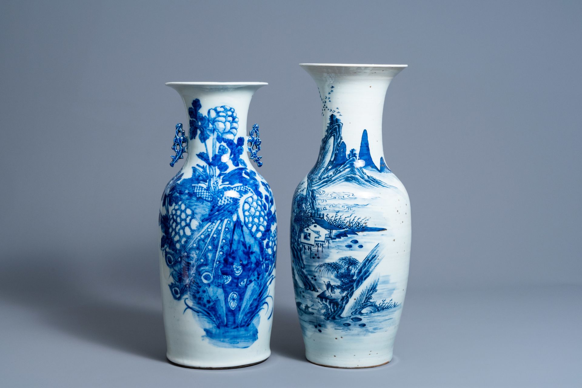 Two Chinese blue and white vases with a phoenix among blossoming branches and an animated landscape, - Image 2 of 7