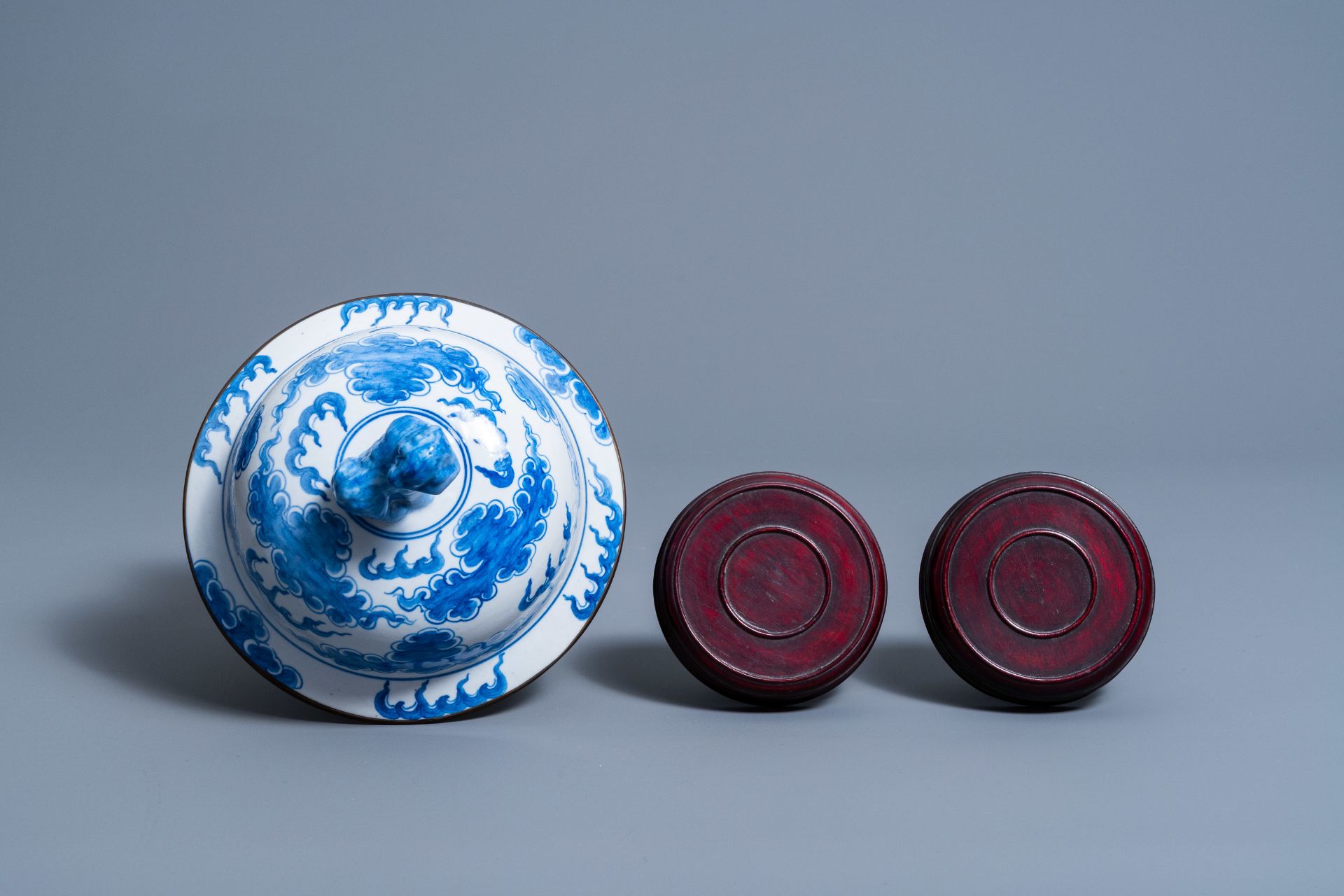 Two Chinese blue and white 'Xi' jars and covers and a 'dragons chasing the pearl' vase and cover, 19 - Image 8 of 9