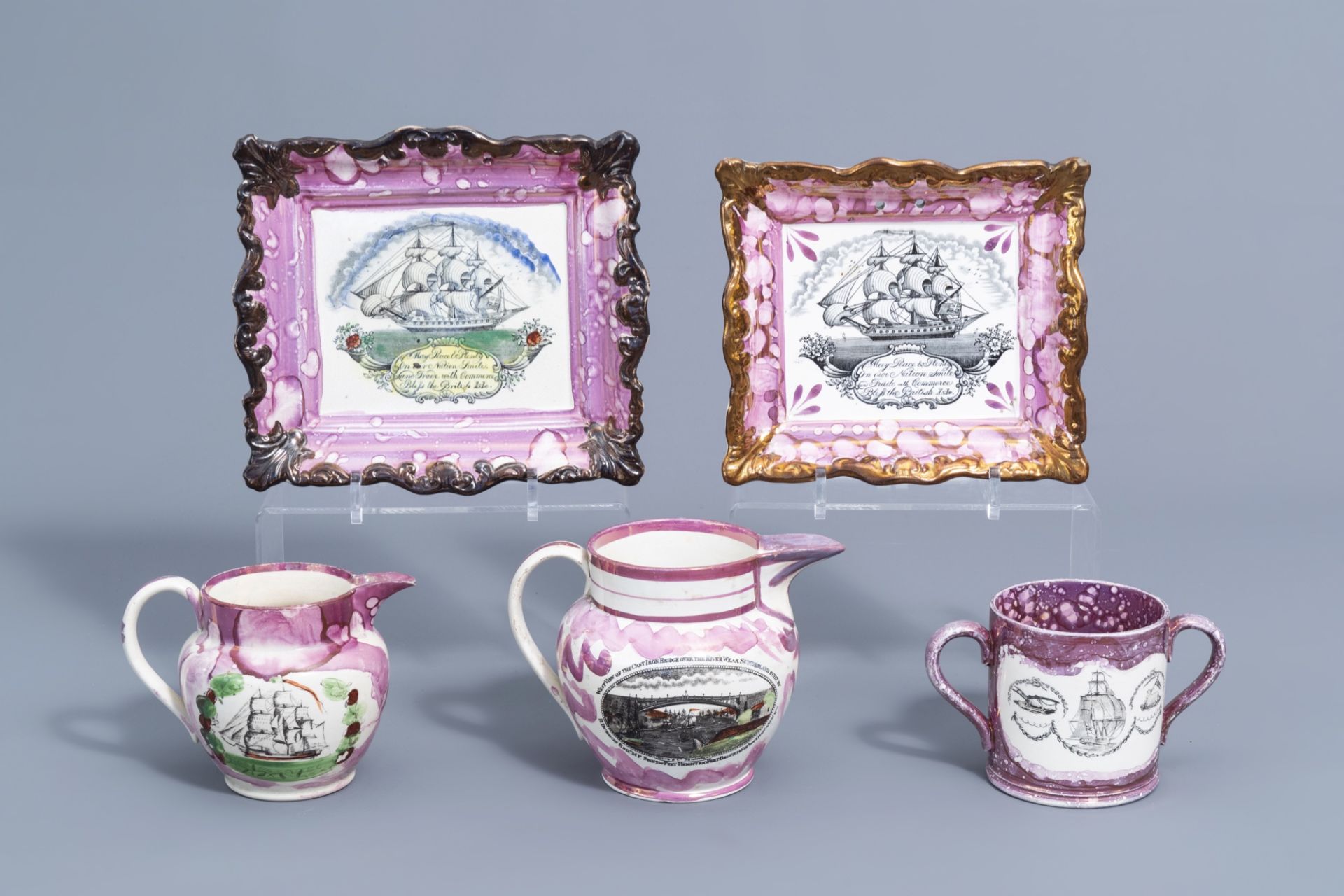 A varied collection of English pink lustreware items with boats, 19th C.