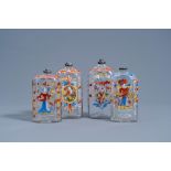 Four various German painted glass spirit flasks with floral design, 18th C.