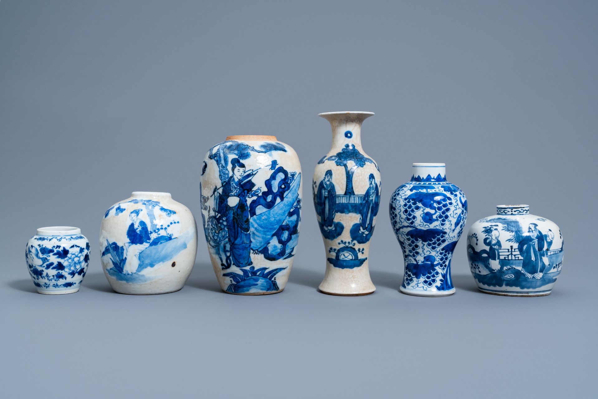 Six various Chinese blue and white vases and jars with figures in a landscape and floral design, 19t - Image 2 of 8