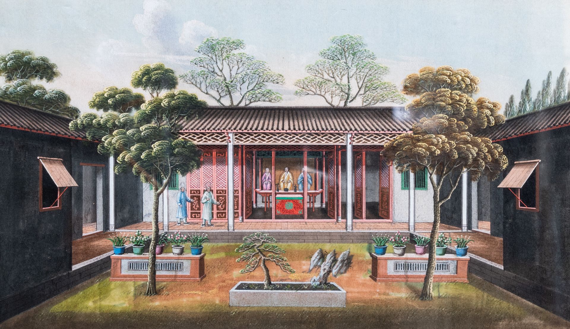 Chinese school: View on a courtyard garden and a bird on a blossoming branch, ink and colours on pit - Bild 2 aus 4