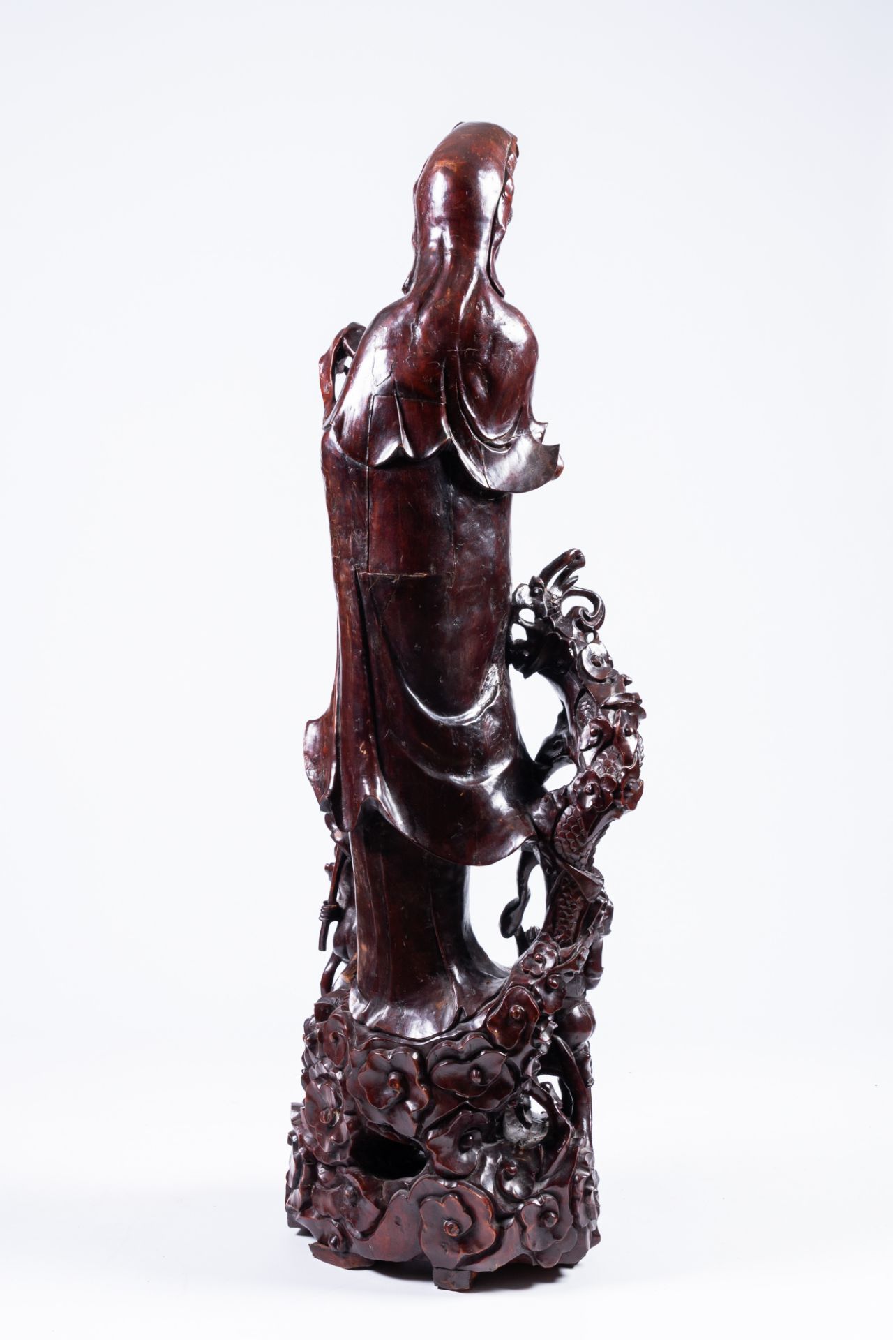 A massive Chinese carved wood group with a Guanyin, children and a dragon, 20th C. - Image 5 of 14