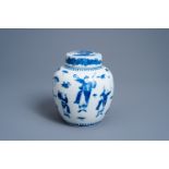 A Chinese blue and white jar and cover with figures at leisure, Kangxi mark, 19th C.