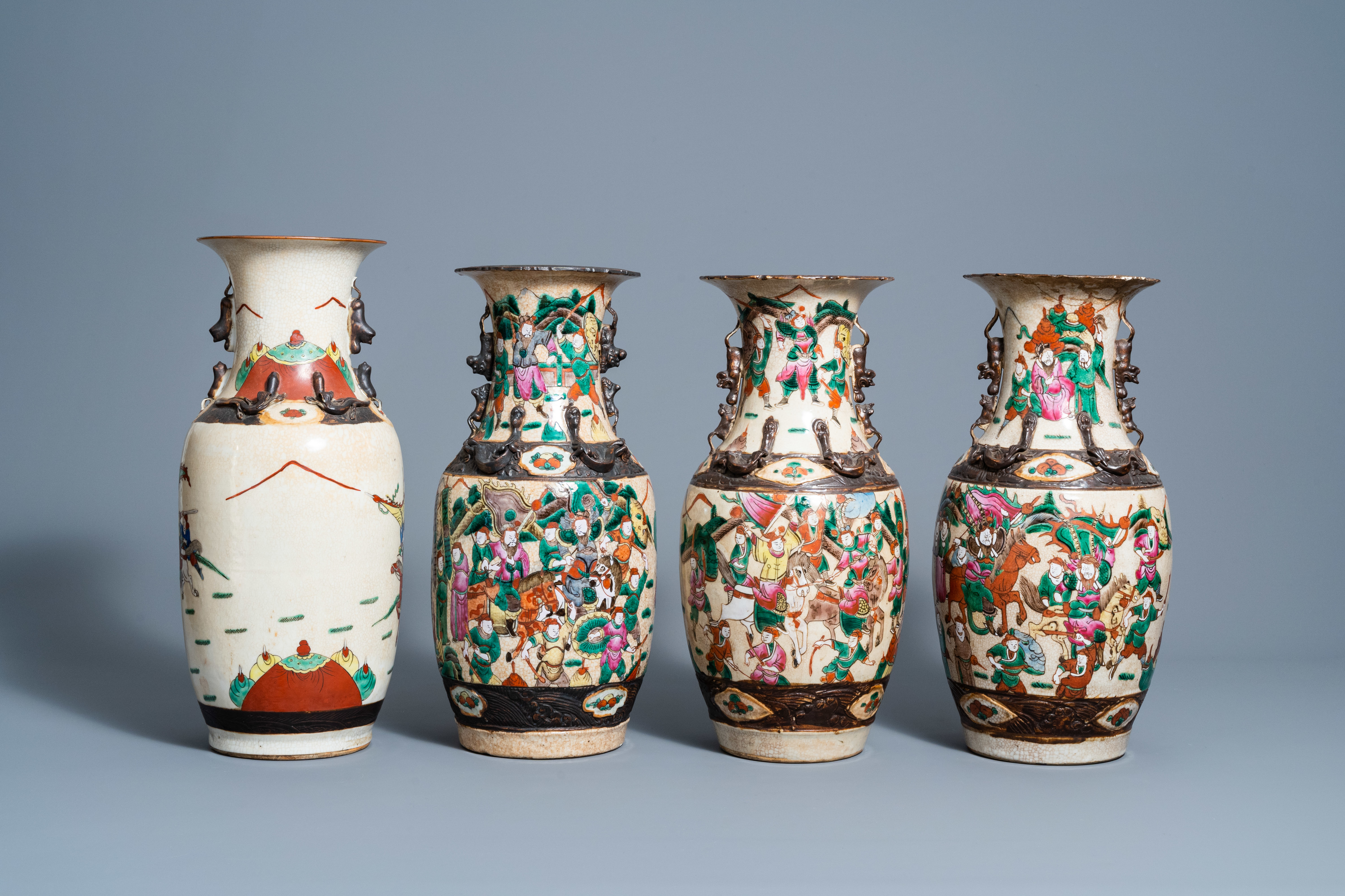 A varied collection of eight Chinese Nanking crackle glazed famille rose and verte vases with warrio - Image 4 of 13