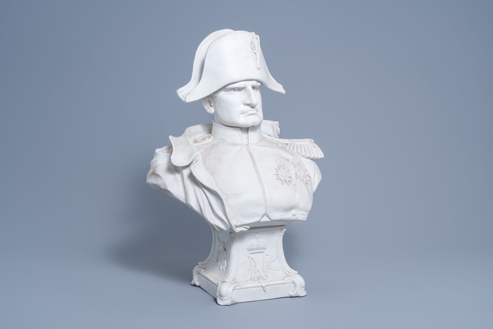 A large French biscuit bust of Emperor Napoleon on stand, Svres mark, 19th/20th C.