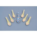 Six Chinese famille rose yellow-ground spoons and a blue, white and iron-red 'bats' spoon, 19th/20th