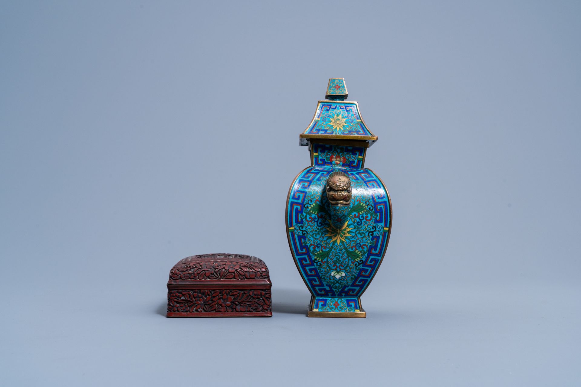 A Chinese red lacquer box and cover with an animated landscape and a cloisonnŽ vase and cover and di - Image 8 of 10