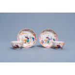 A pair of Chinese famille rose 'Mandarin' cups and saucers, Qianlong