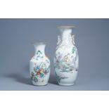 Two Chinese famille rose and qianjiang cai vases with ladies and playing children in a garden, 19th/