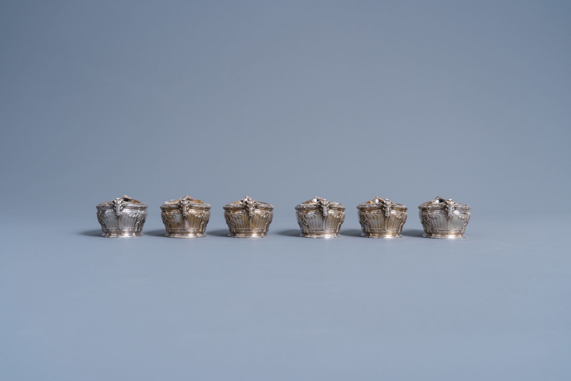 Six silver Louis XVI style salts with spoon with matching 'Wolfers Frres' case, 950/000, maker's ma - Image 12 of 20