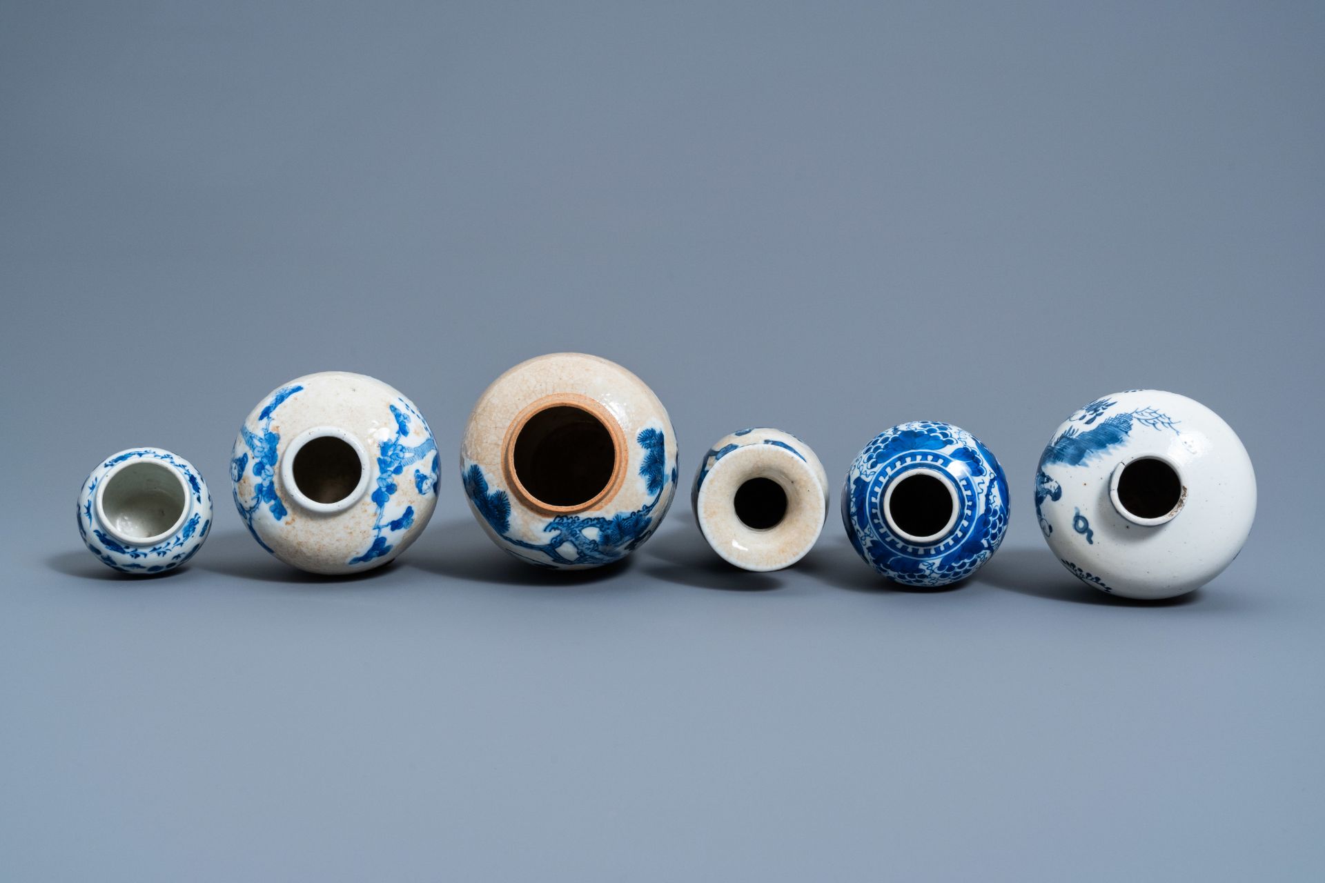 Six various Chinese blue and white vases and jars with figures in a landscape and floral design, 19t - Image 8 of 8