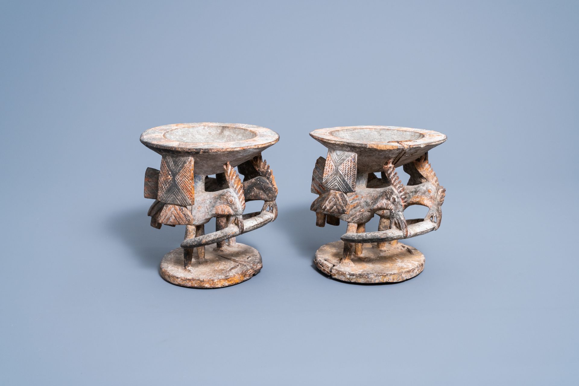 A pair of carved wood and polychrome painted 'Ifa divination' bowls with birds, Yoruba, Nigeria, 20t - Image 2 of 8