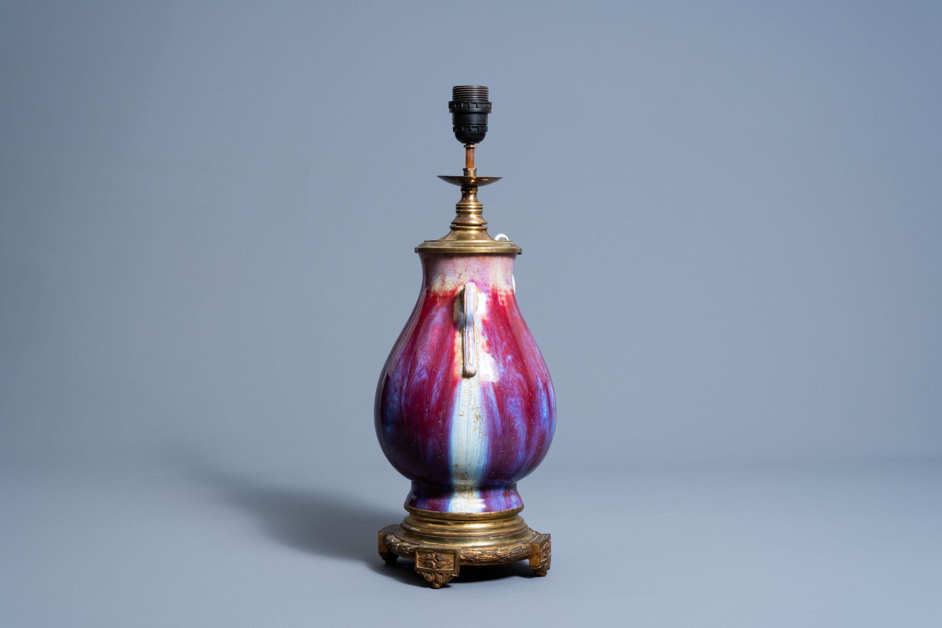 A Chinese flambŽ glazed 'hu' vase mounted as a lamp, Qianlong mark, 19th/20th C. - Image 2 of 6