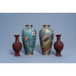 Two Chinese cloisonnŽ vases and a pair of carved cinnabar lacquer vases with figures in a landscape,